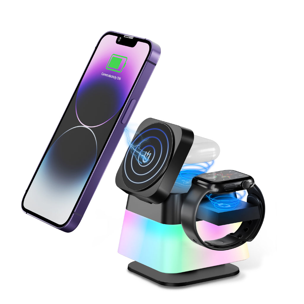 4-in-1 Rotatable Magnetic Wireless Charger Stand with Colorful LED Night Light