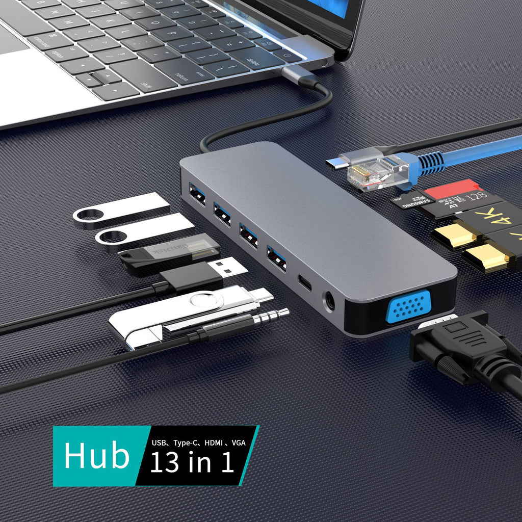 USB-C 13-in-1 Hub with Gigabit Ethernet- Multi-Port Docking Station