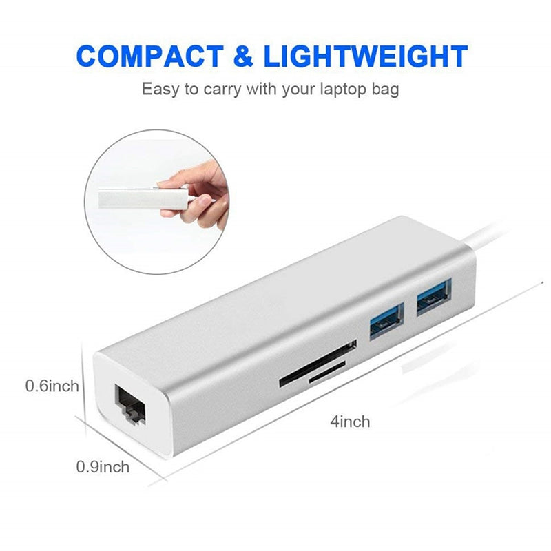 USB-C Gigabit Ethernet Hub Docking Station- Network, Card Reader & USB 3.0