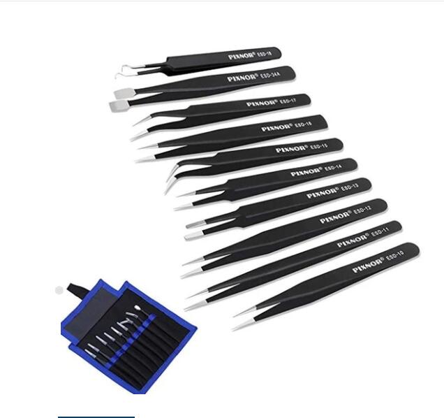 10-Piece Stainless Steel Pointed & Elbow Tweezers Kit with Canvas Bag