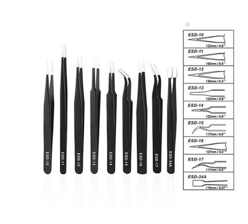 10-Piece Stainless Steel Pointed & Elbow Tweezers Kit with Canvas Bag