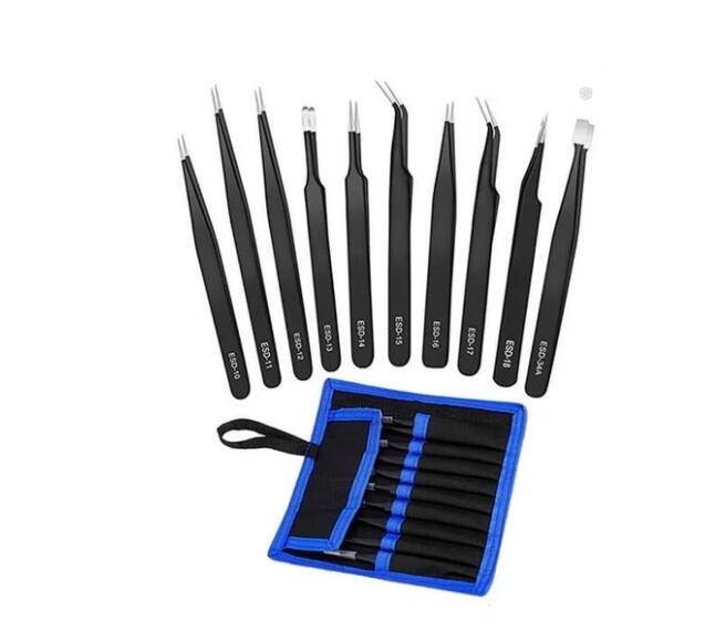 10-Piece Stainless Steel Pointed & Elbow Tweezers Kit with Canvas Bag