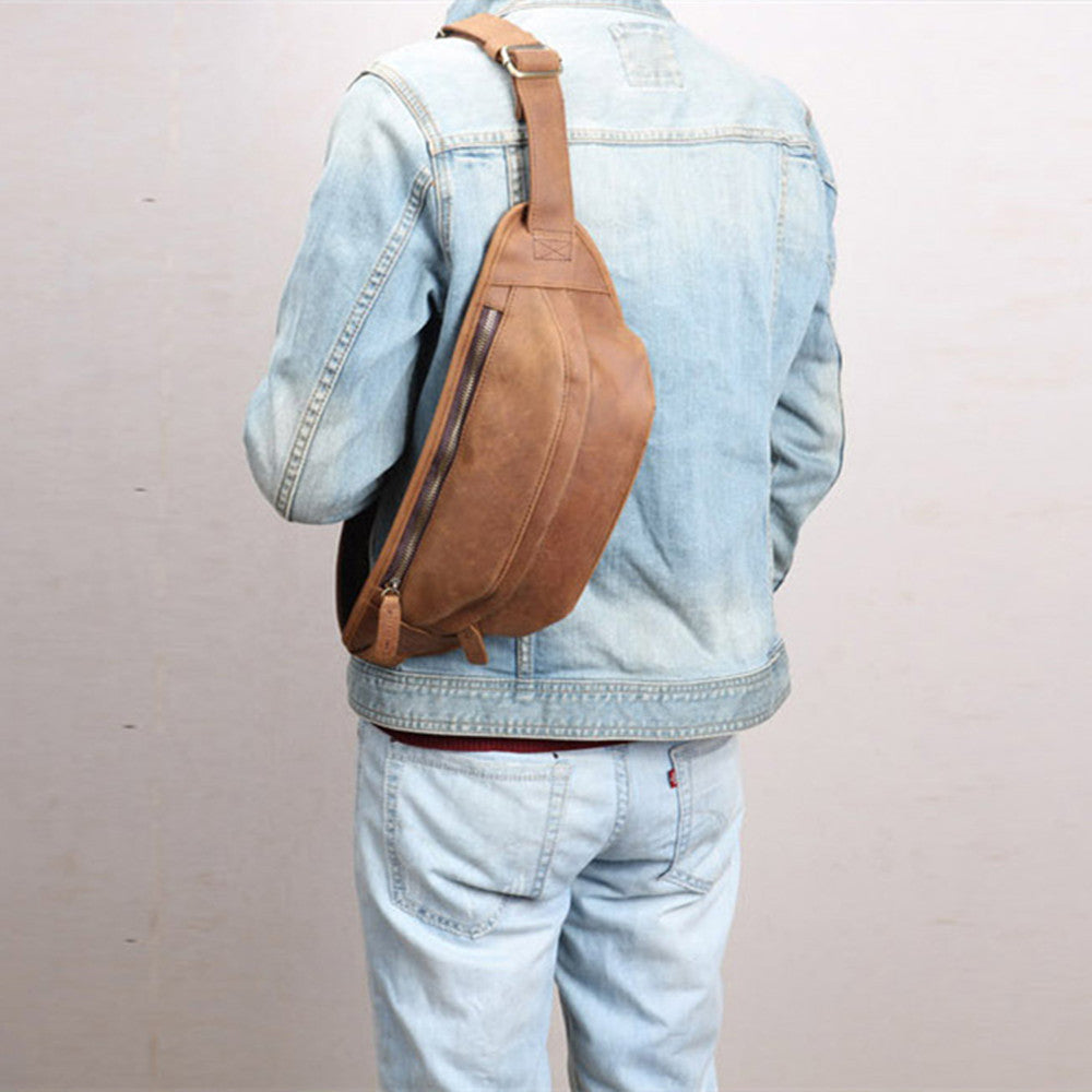 Men’s Leather Crossbody Sports Phone Bag- Top Layer Cowhide Messenger