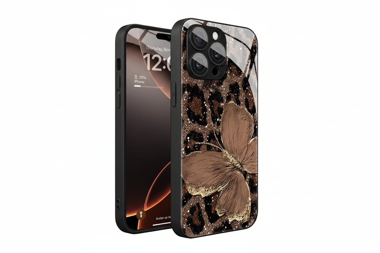Leopard Butterfly Glass iPhone Case