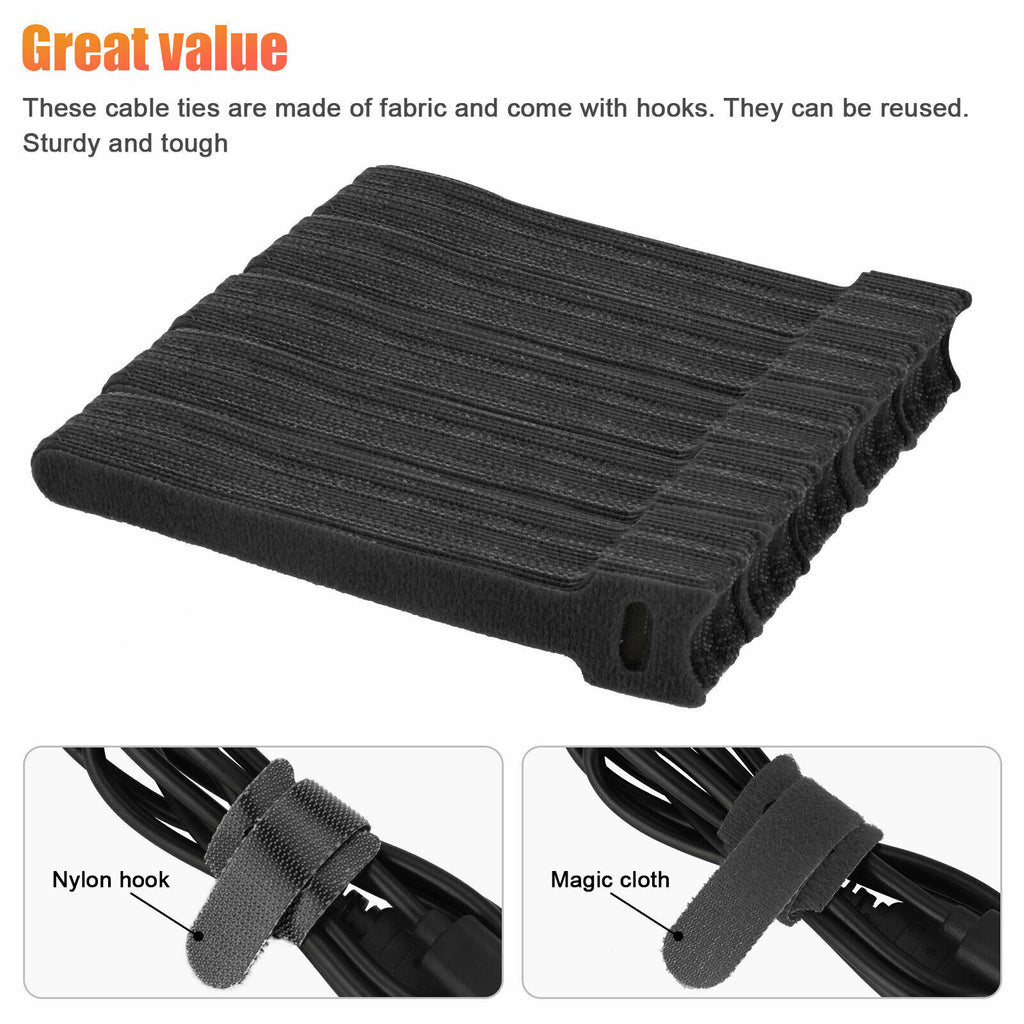 100PCS Reusable Velcro Cable Ties – Self-Adhesive Wire Management Straps (Black, 12×145mm)