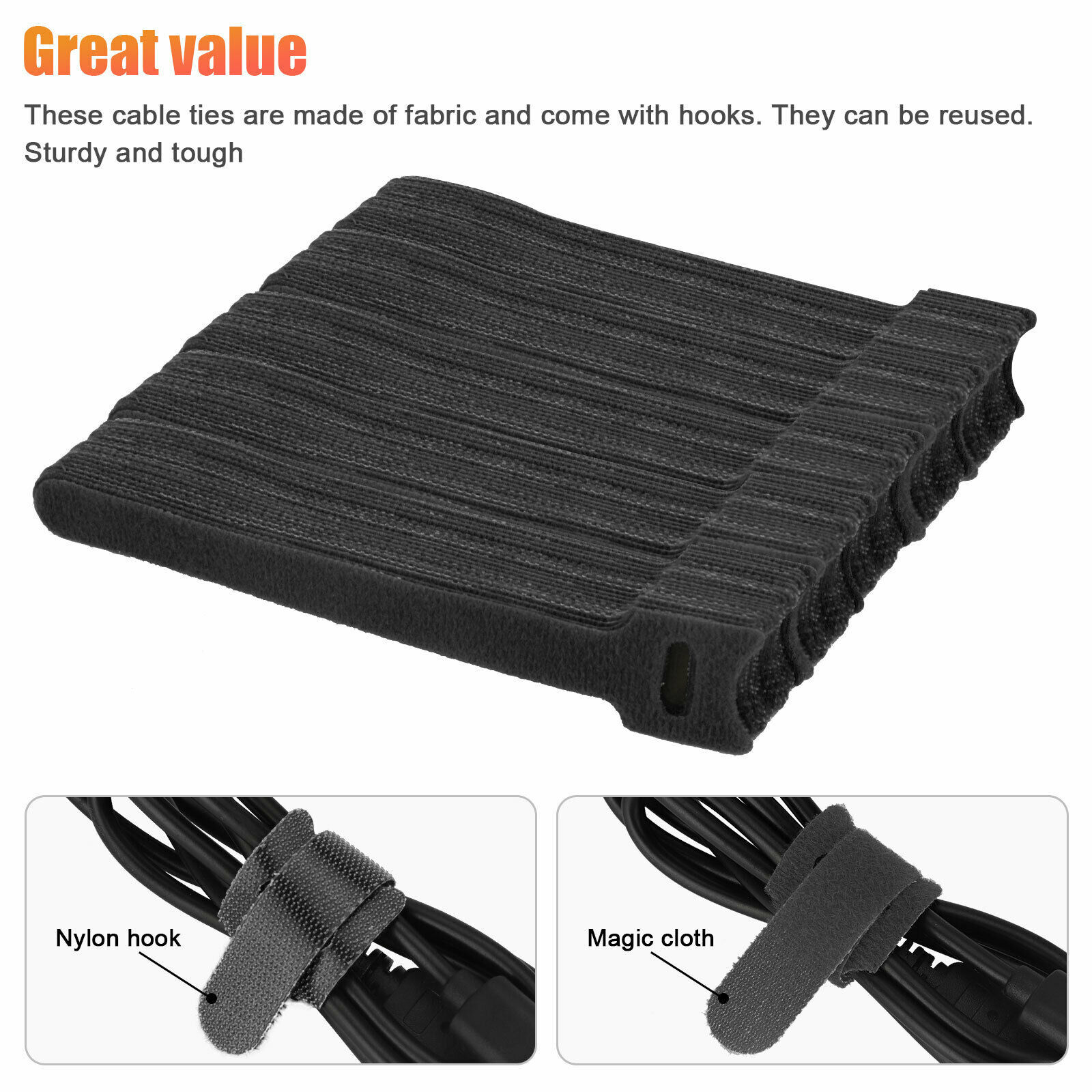 100PCS Reusable Velcro Cable Ties – Self-Adhesive Wire Management Straps (Black, 12×145mm)