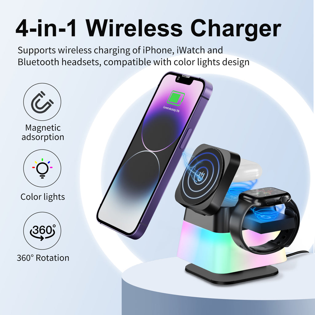 4-in-1 Rotatable Magnetic Wireless Charger Stand with Colorful LED Night Light