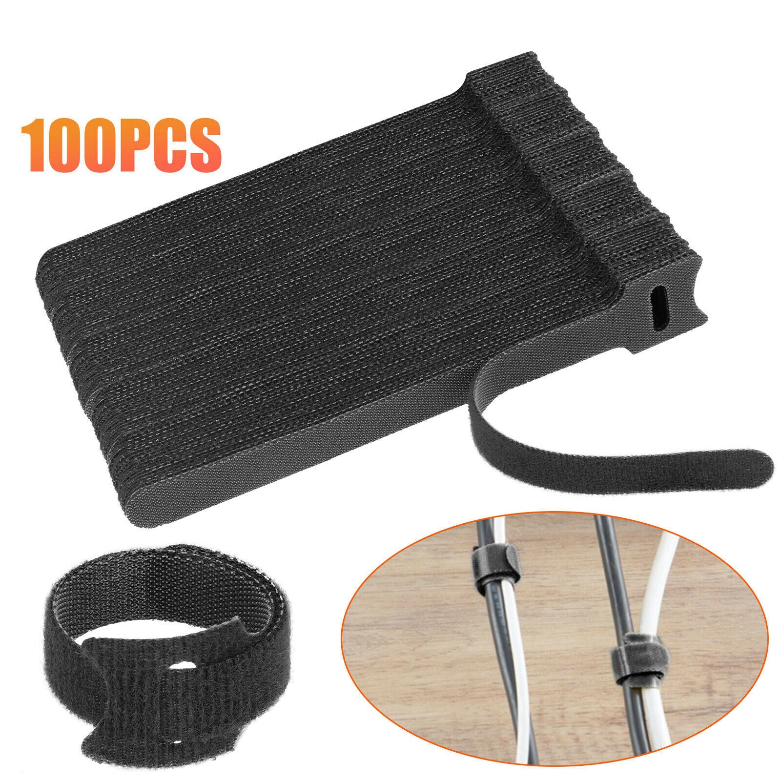 100PCS Reusable Velcro Cable Ties – Self-Adhesive Wire Management Straps (Black, 12×145mm)